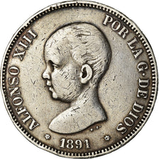 Coin, Spain, Alfonso XIII, 5 Pesetas, 1891, Madrid, VF(30-35), Silver, KM:689