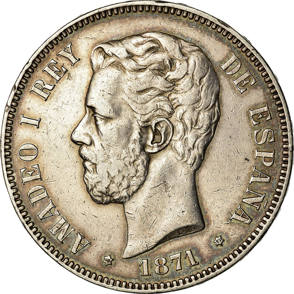Coin, Spain, Amadeao I, 5 Pesetas, 1871, Madrid, AU(50-53), Silver, KM:666