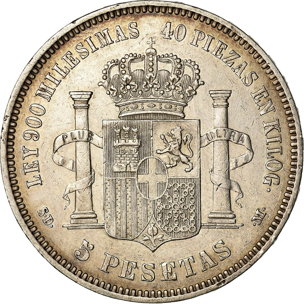 Coin, Spain, Amadeao I, 5 Pesetas, 1871, Madrid, AU(50-53), Silver, KM:666
