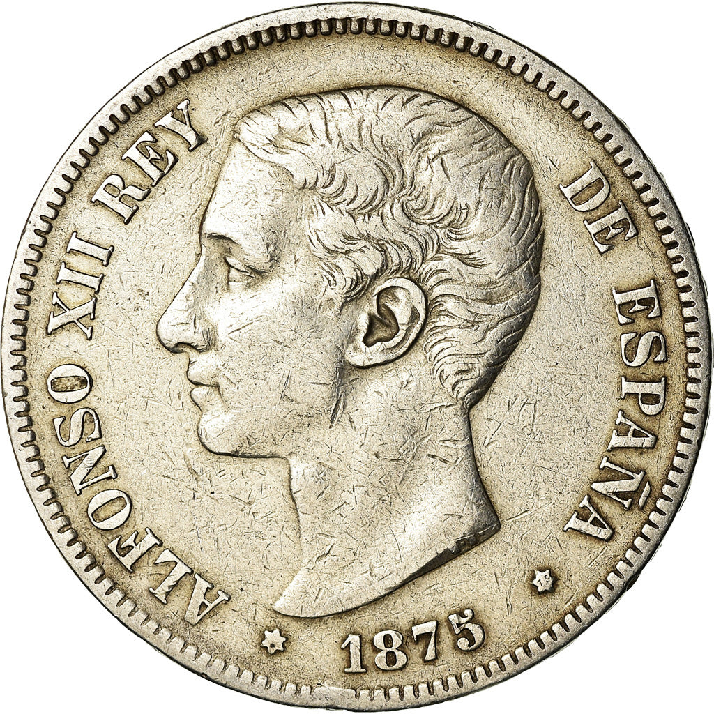 Moneda, España, Alfonso XII, 5 Pesetas, 1875, BC+, Plata, KM:671