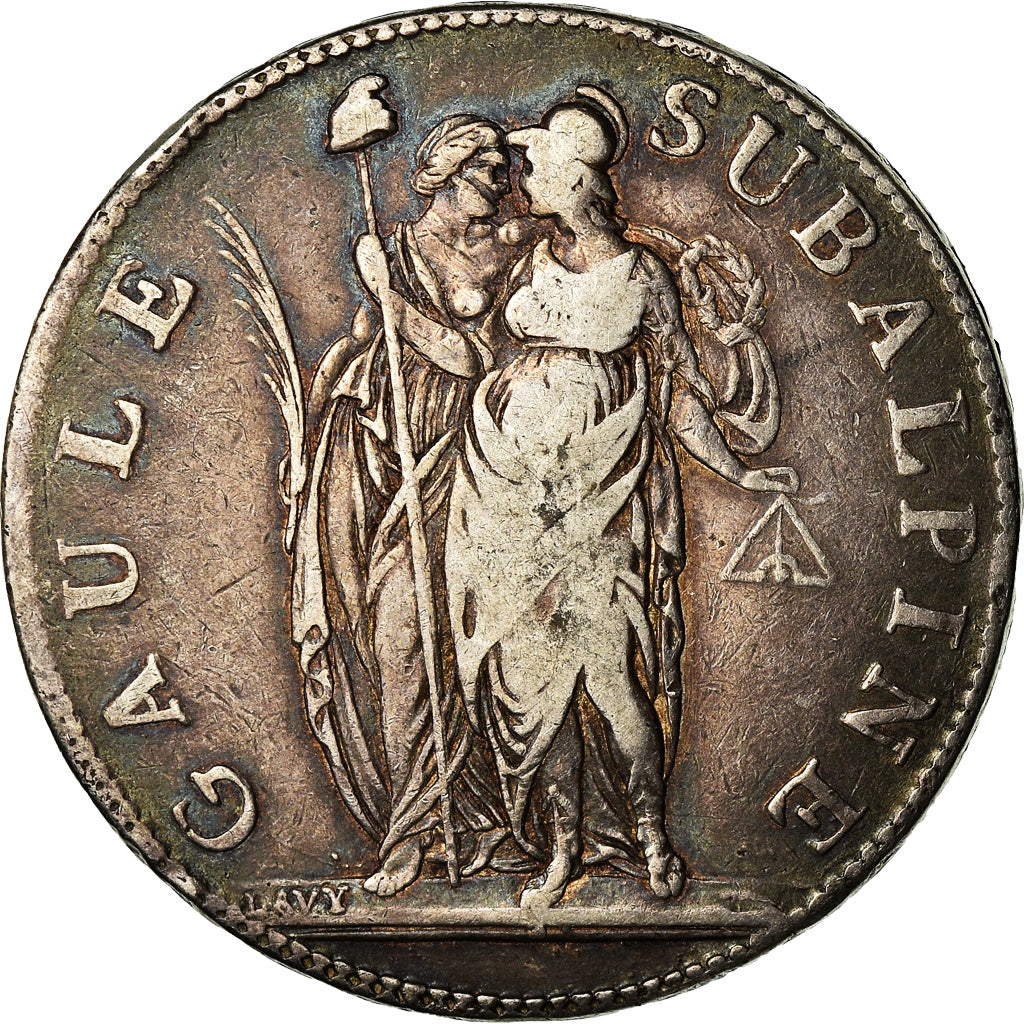 Coin, ITALIAN STATES, PIEDMONT REPUBLIC, 5 Francs, An 10, VF(30-35), Silver