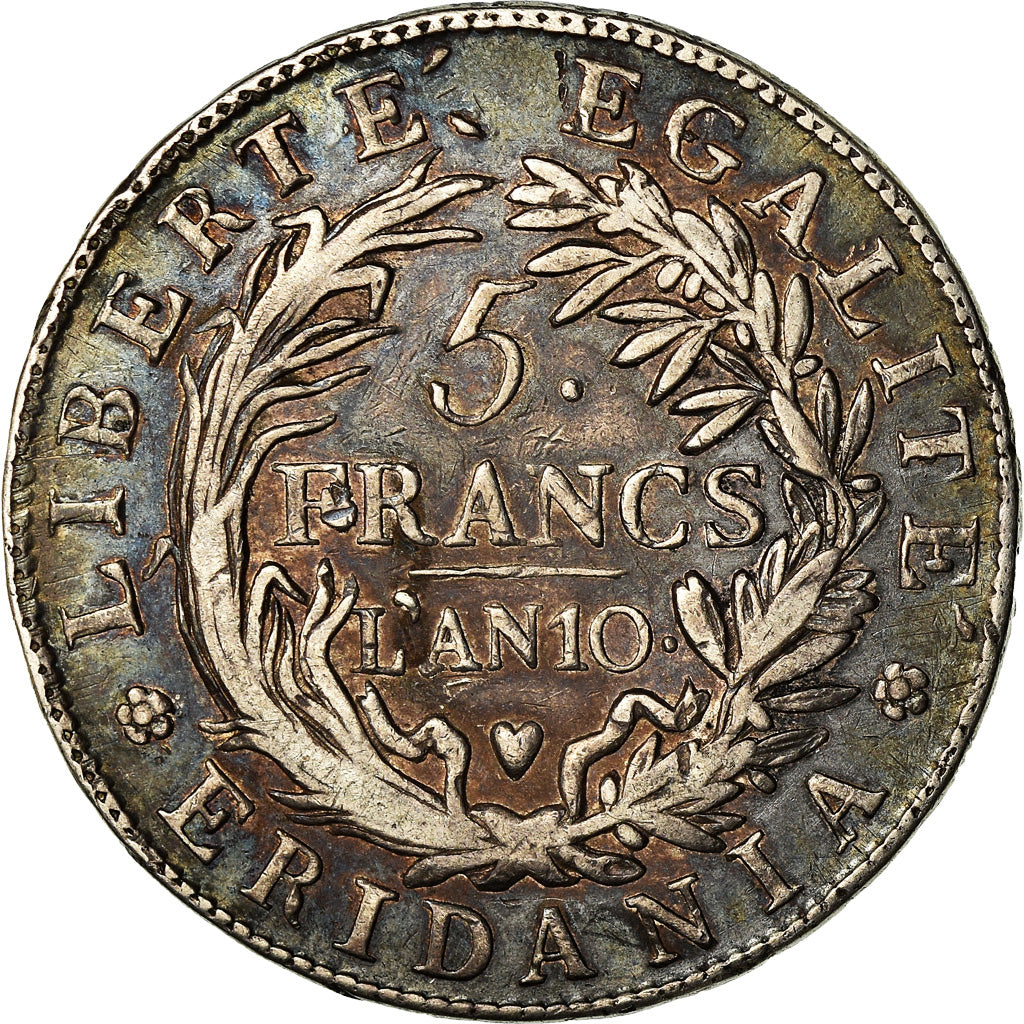 Coin, ITALIAN STATES, PIEDMONT REPUBLIC, 5 Francs, An 10, VF(30-35), Silver