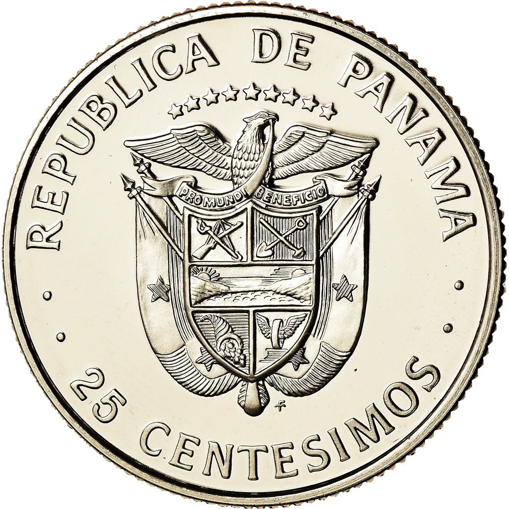 Coin, Panama, 25 Centesimos, 1975, Franklin Mint, MS(65-70), Copper-Nickel Clad