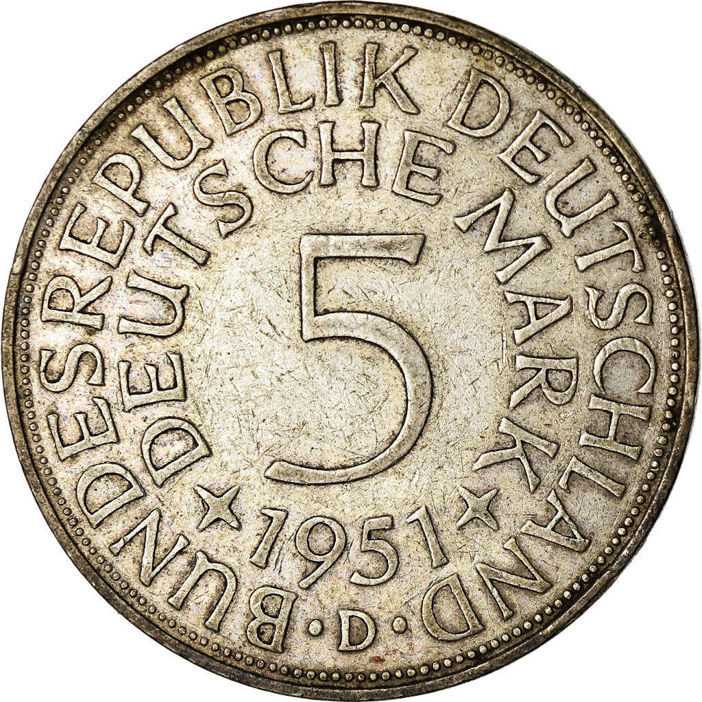 Coin, GERMANY - FEDERAL REPUBLIC, 5 Mark, 1951, Munich, EF(40-45), Silver