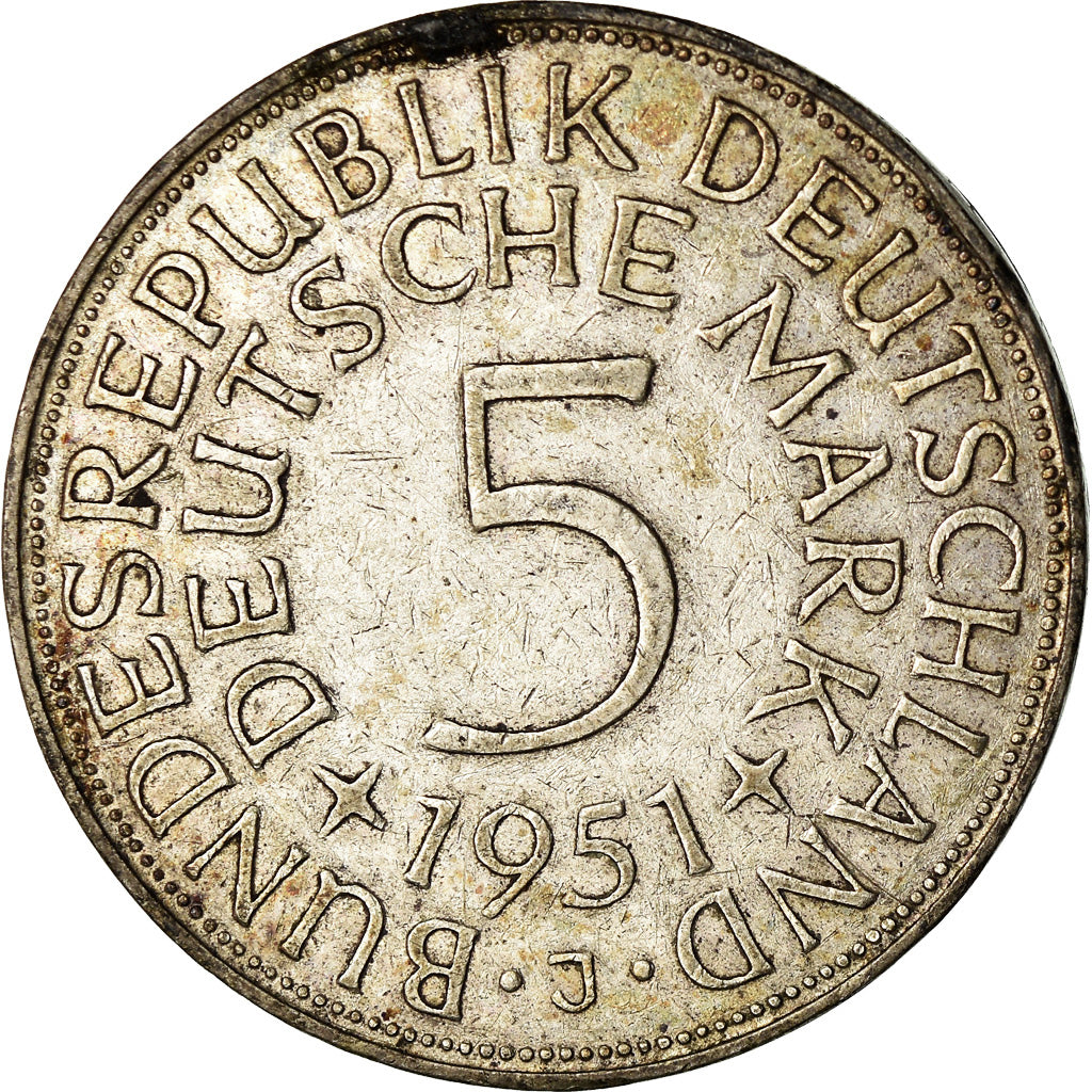 Coin, GERMANY - FEDERAL REPUBLIC, 5 Mark, 1951, Hamburg, EF(40-45), Silver