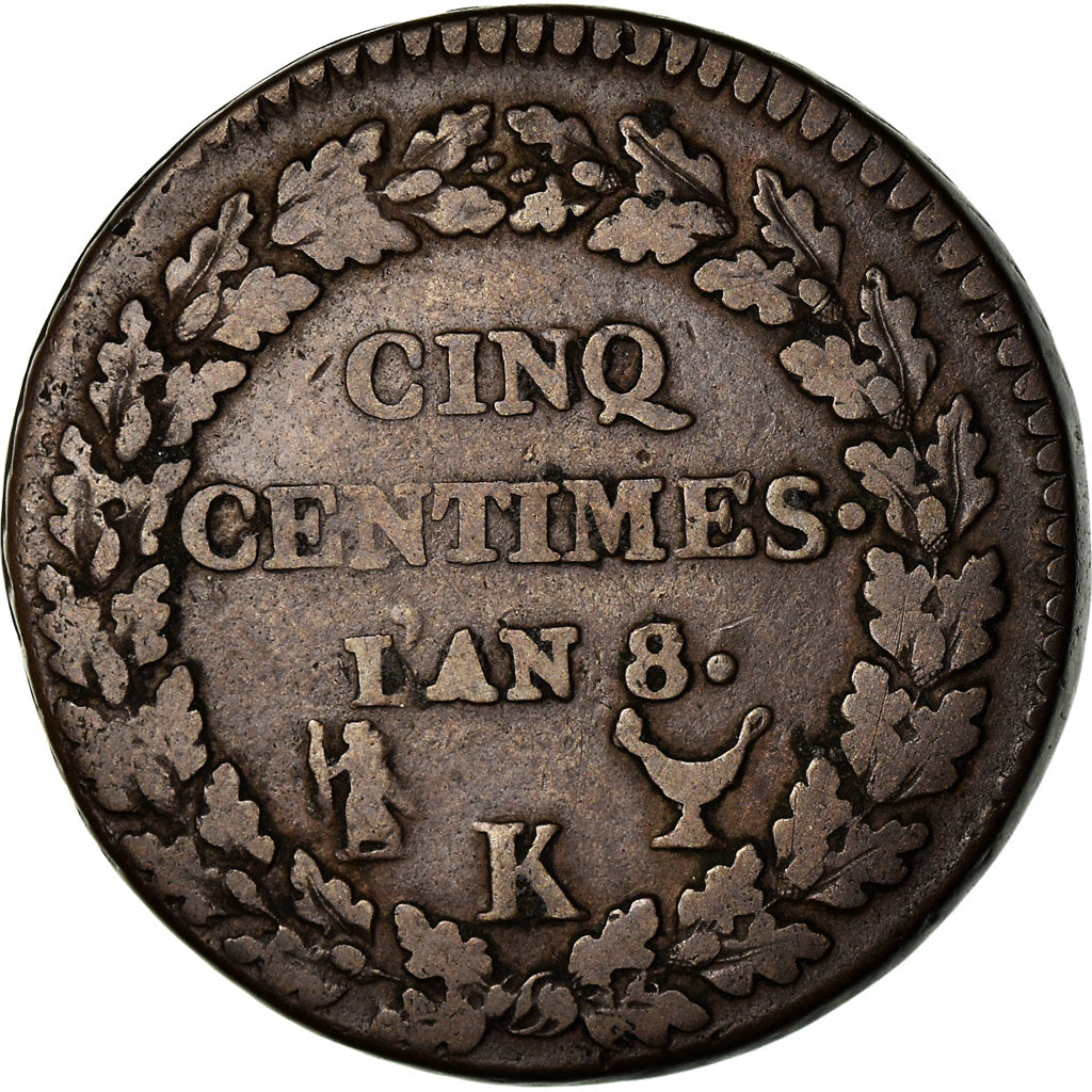 Coin, France, Dupré, 5 Centimes, An 8/6, Bordeaux, error partial collar strike