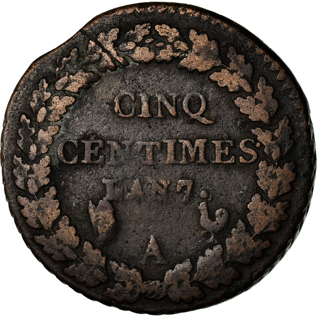 Coin, France, Dupré, 5 Centimes, AN 7, Paris, error partial collar strike