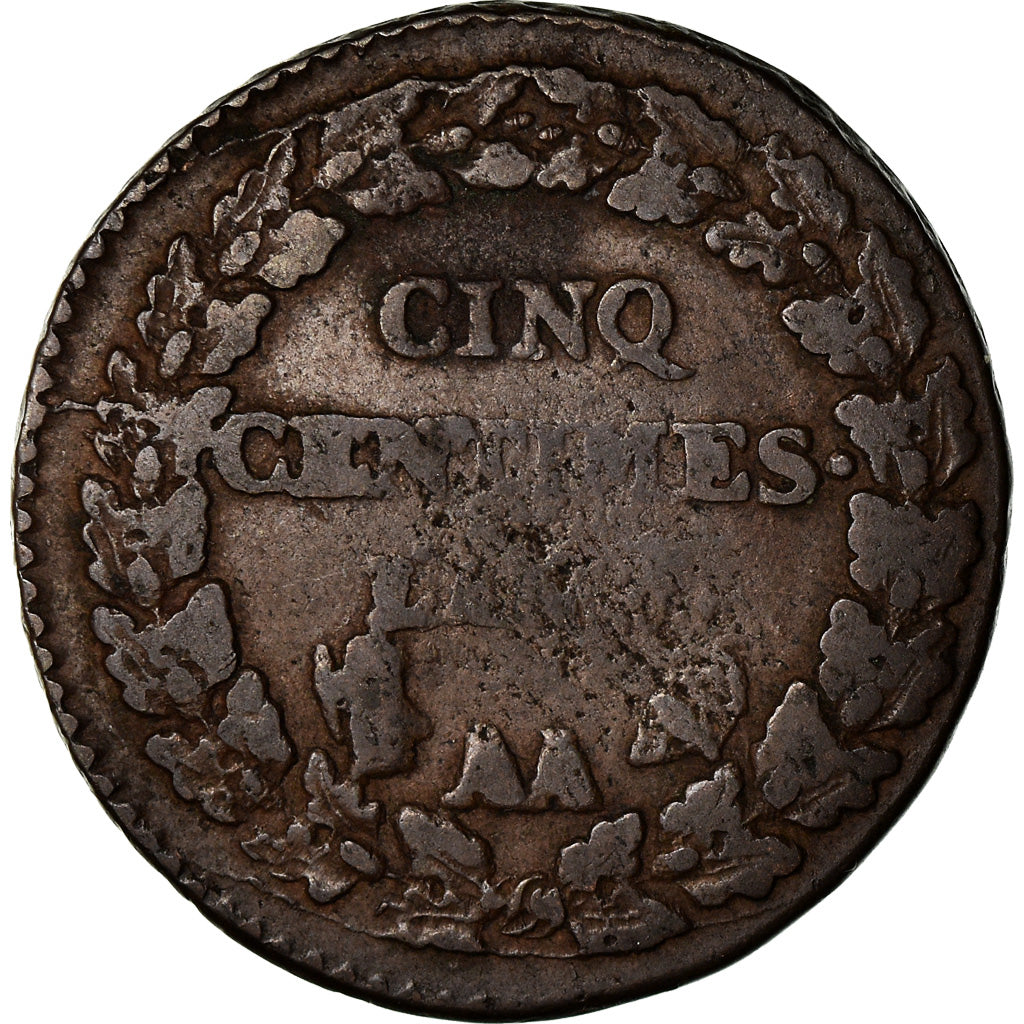 Moneda, Francia, Dupré, 5 Centimes, AN 8, Metz, error partial collar strike