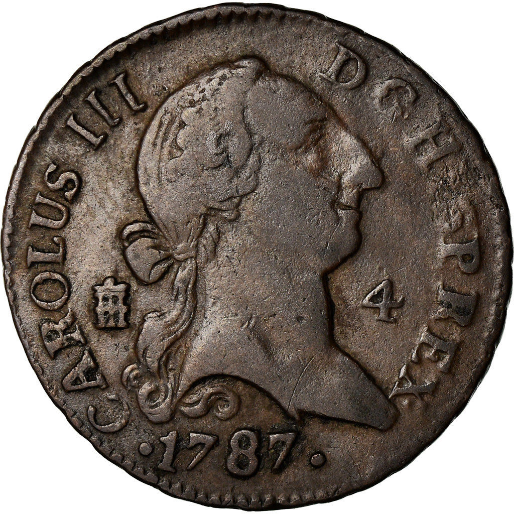 Coin, Spain, Charles III, 4 maravedis, 1787, Segovia, VF(30-35), Copper