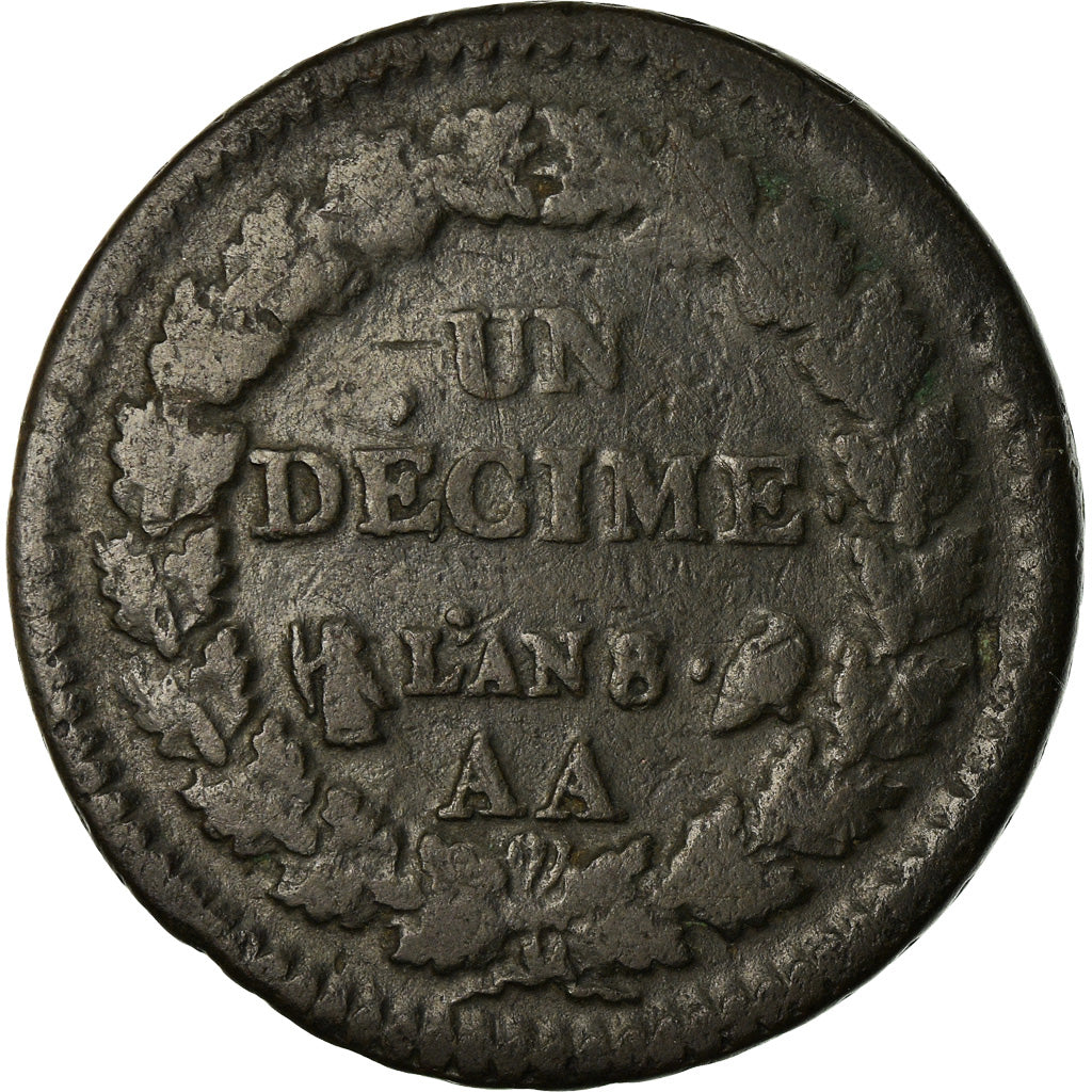 Coin, France, Dupré, Decime, AN 8, Metz, VF(20-25), Bronze, KM:644.2