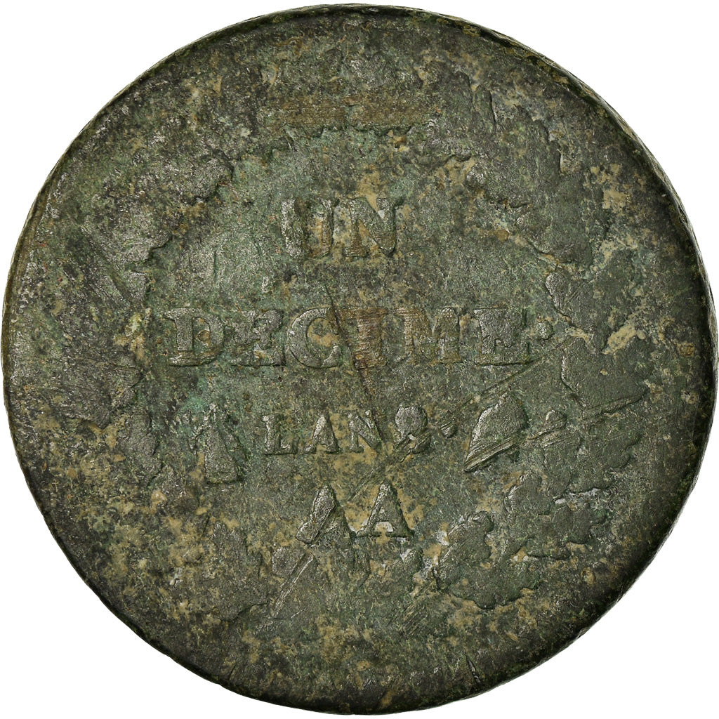 Moneda, Francia, Dupré, Decime, AN 8, Metz, BC+, Bronce, KM:644.2