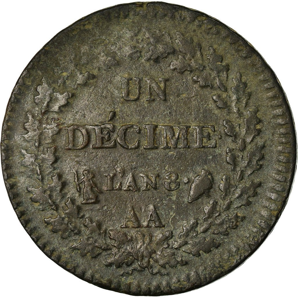 Moneda, Francia, Dupré, Decime, AN 8, Metz, BC+, Bronce, KM:644.2