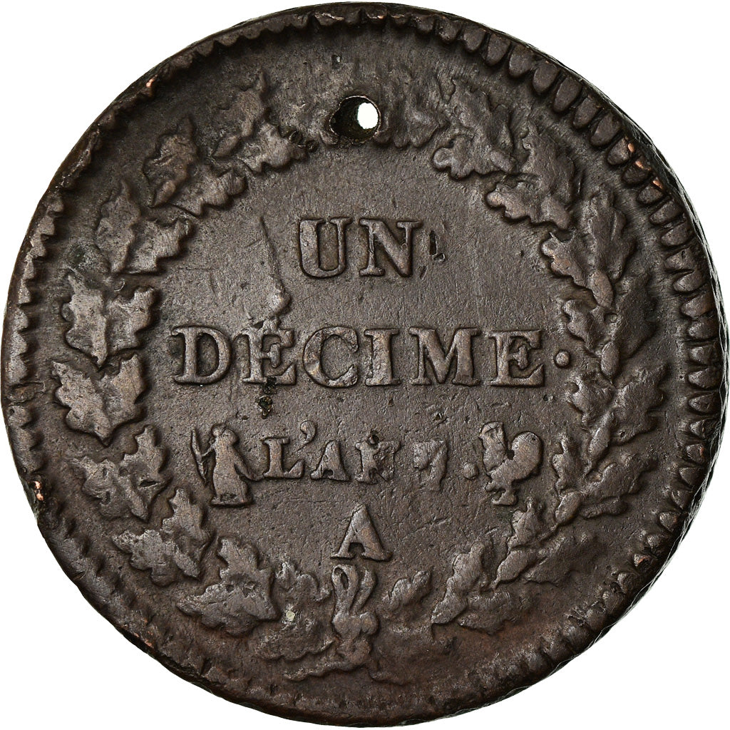 Münze, Frankreich, Dupré, Decime, AN 7, Paris, S+, Bronze, KM:644.1