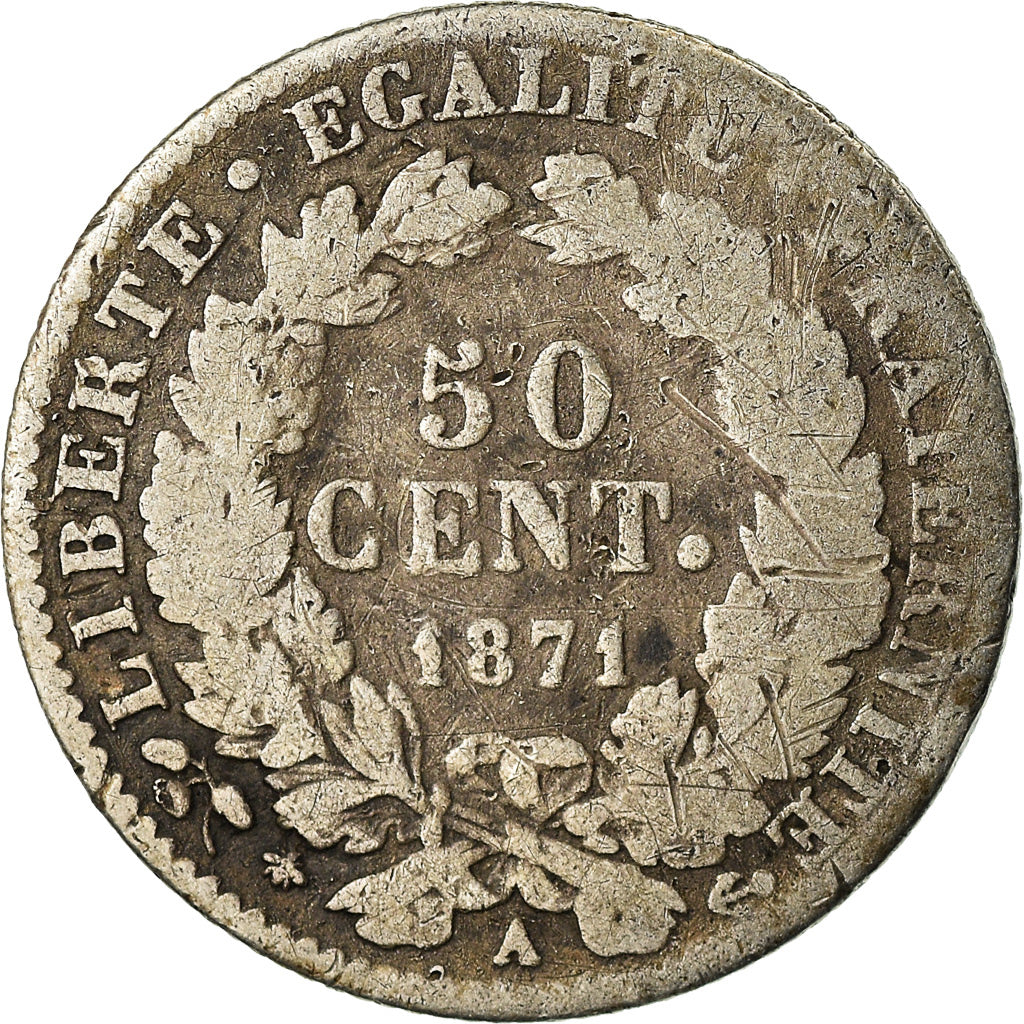 Moneta, Francja, Cérès, 50 Centimes, 1871, Paris, VF(20-25), Srebro, KM:834.1