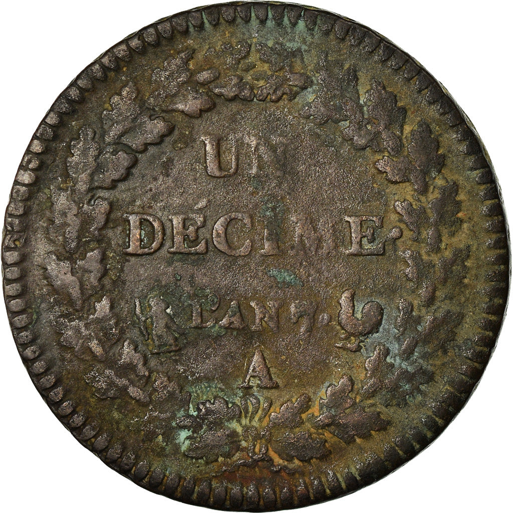 Moneda, Francia, Dupré, Decime, AN 7, Paris, rooster / cornucopia, BC+, Bronce