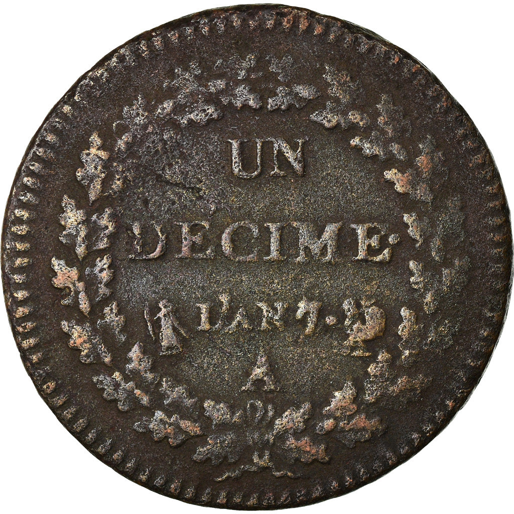 Moneda, Francia, Dupré, Decime, AN 7, Paris, rooster / cornucopia, BC+, Bronce