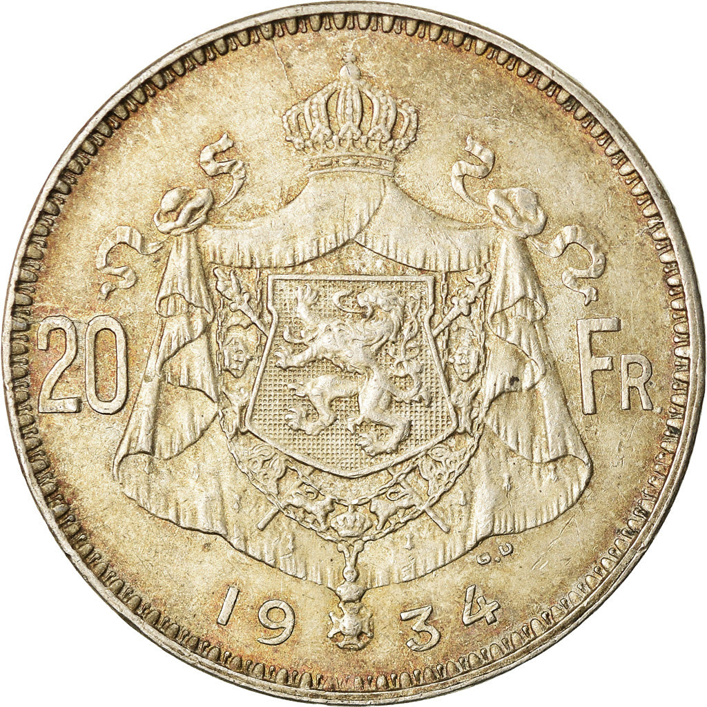 Coin, Belgium, 20 Francs, 20 Frank, 1934, AU(55-58), Silver, KM:104.1