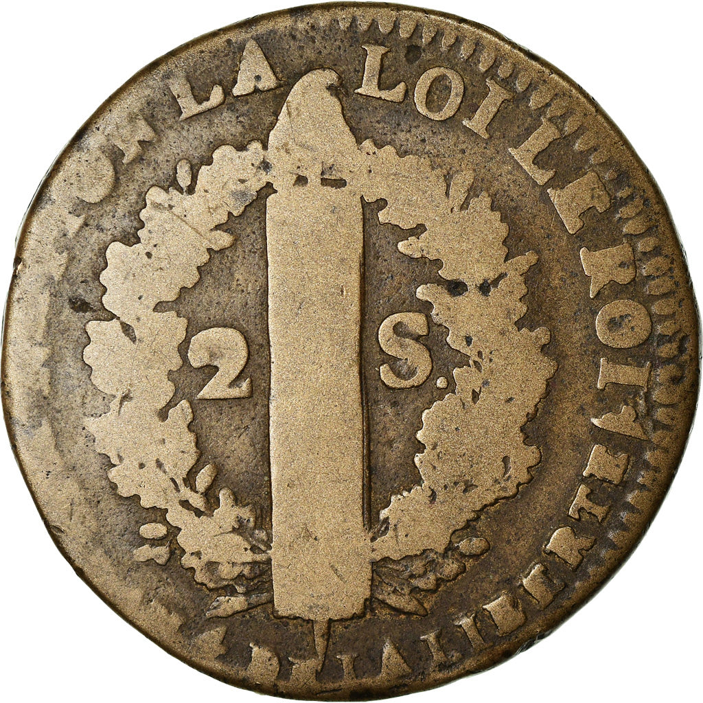Moneta, Francia, 2 sols françois, 2 Sols, 1792, Lille, B+, Bronzo, KM:603.16