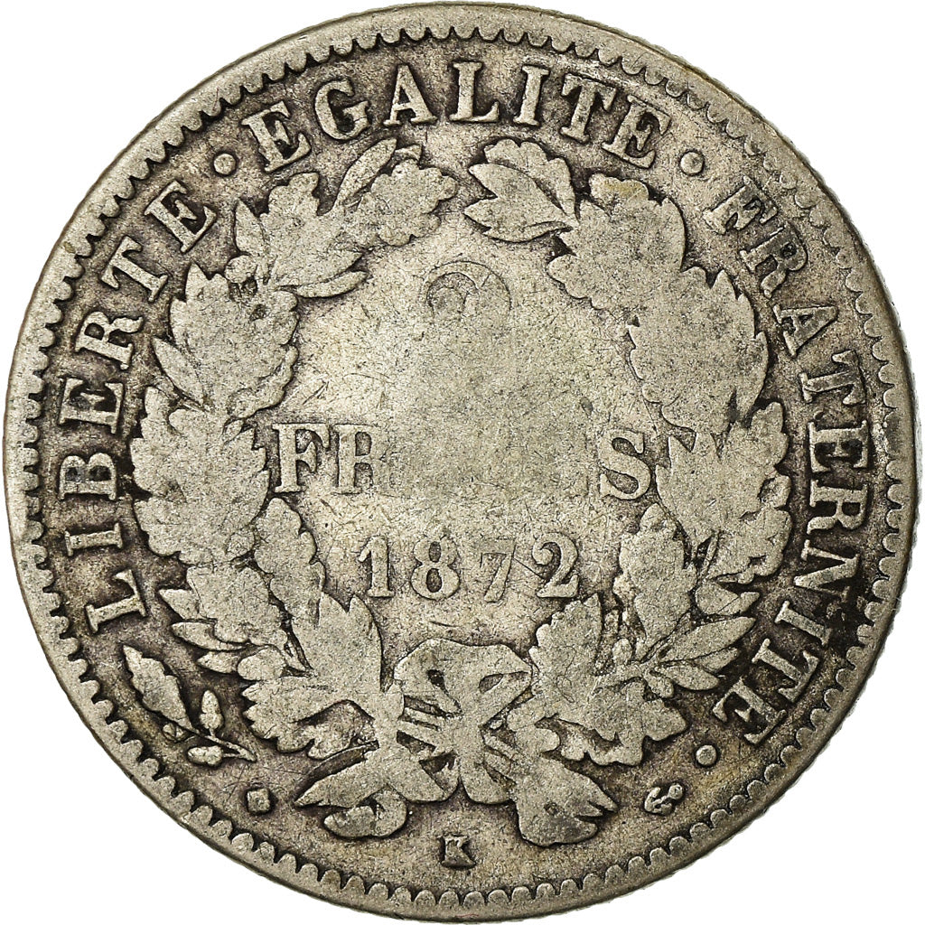 Coin, France, Cérès, 2 Francs, 1872, Bordeaux, VF(20-25), Silver, KM:817.2
