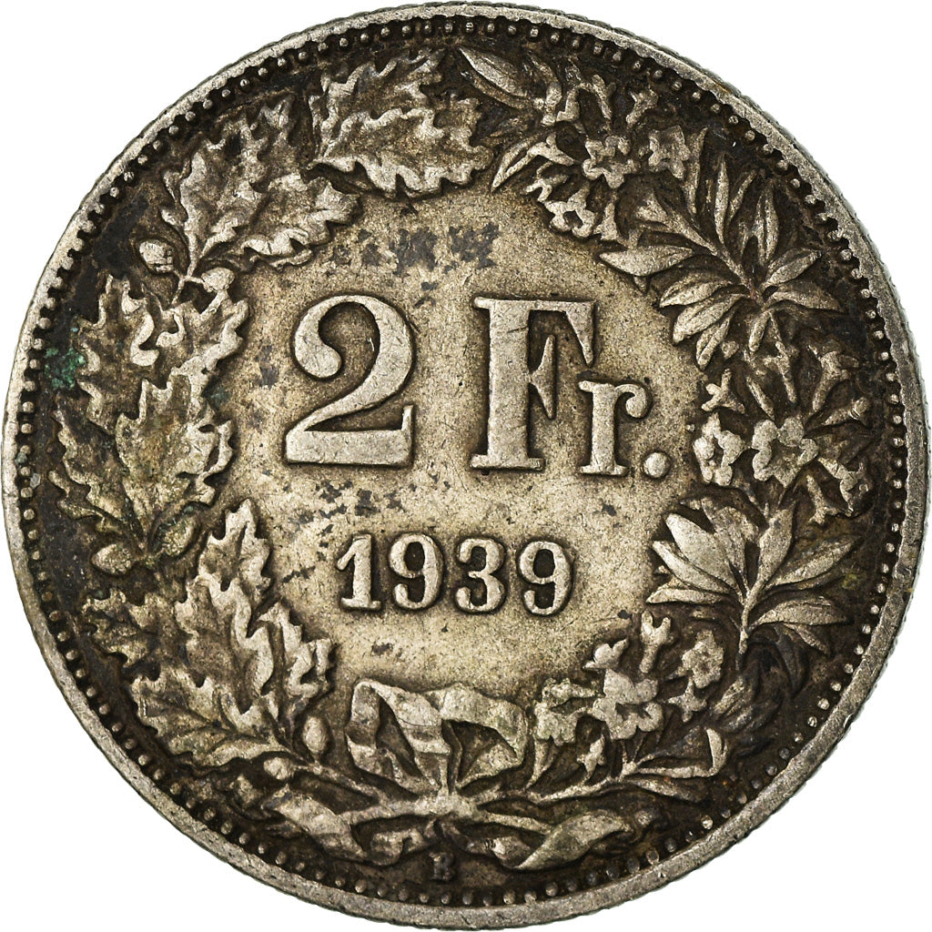 Coin, Switzerland, 2 Francs, 1939, Bern, VF(30-35), Silver, KM:21