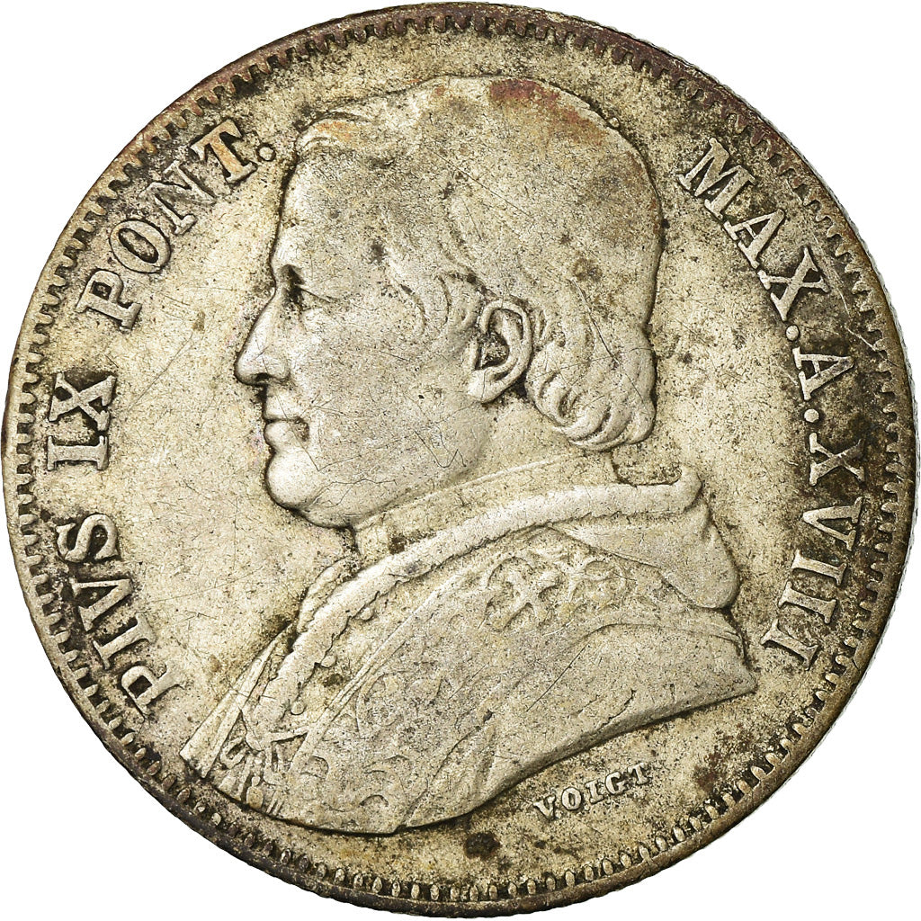 ITALIAN STATES, 20 Baiocchi, 1863, Roma, KM #1360, VF(20-25), Silver, 5.56