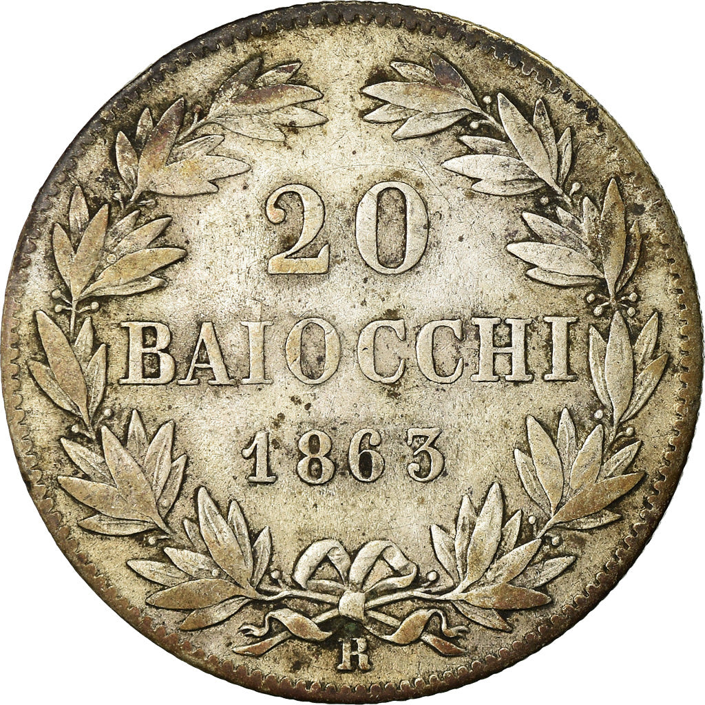 ITALIAN STATES, 20 Baiocchi, 1863, Roma, KM #1360, VF(20-25), Silver, 5.56