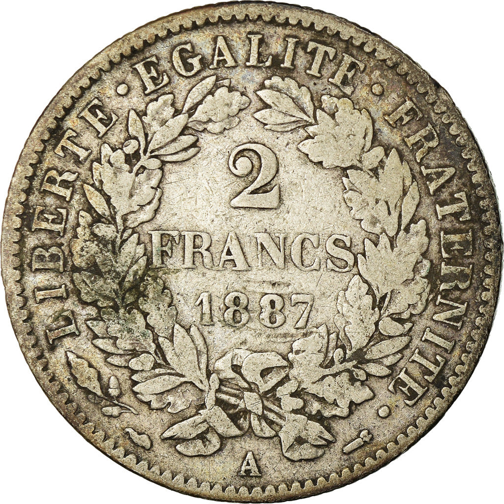 Moneta, Francia, Cérès, 2 Francs, 1887, Paris, MB+, Argento, KM:817.1