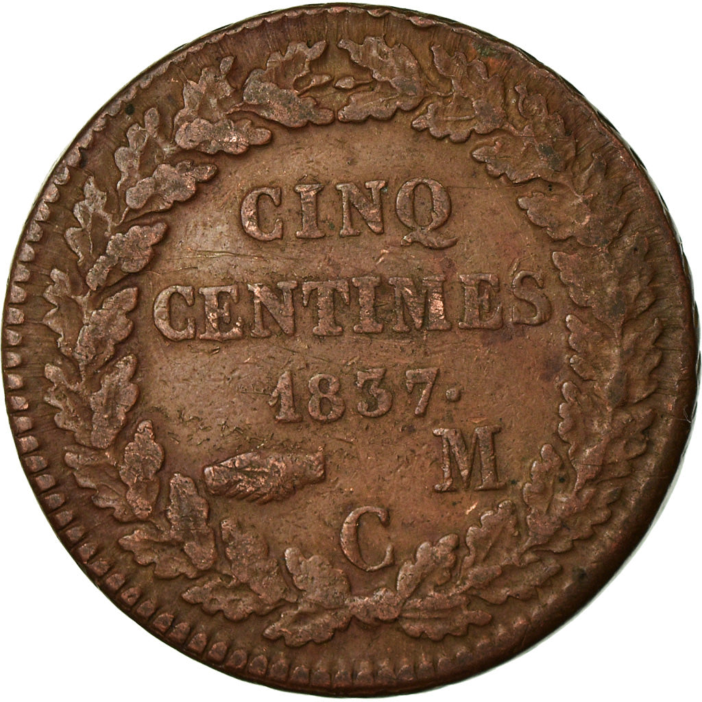 Moneta, Monaco, Honore V, 5 Centimes, Cinq, 1837, Monaco, MB+, Rame, KM:95.2a