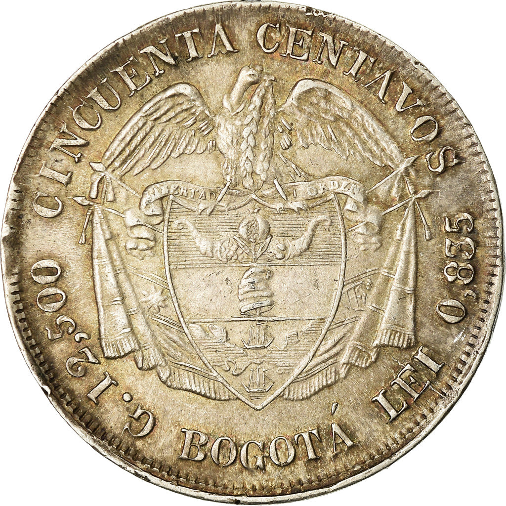 Coin, Colombia, 50 Centavos, 1884, Bogota, AU(50-53), Silver, KM:177.1