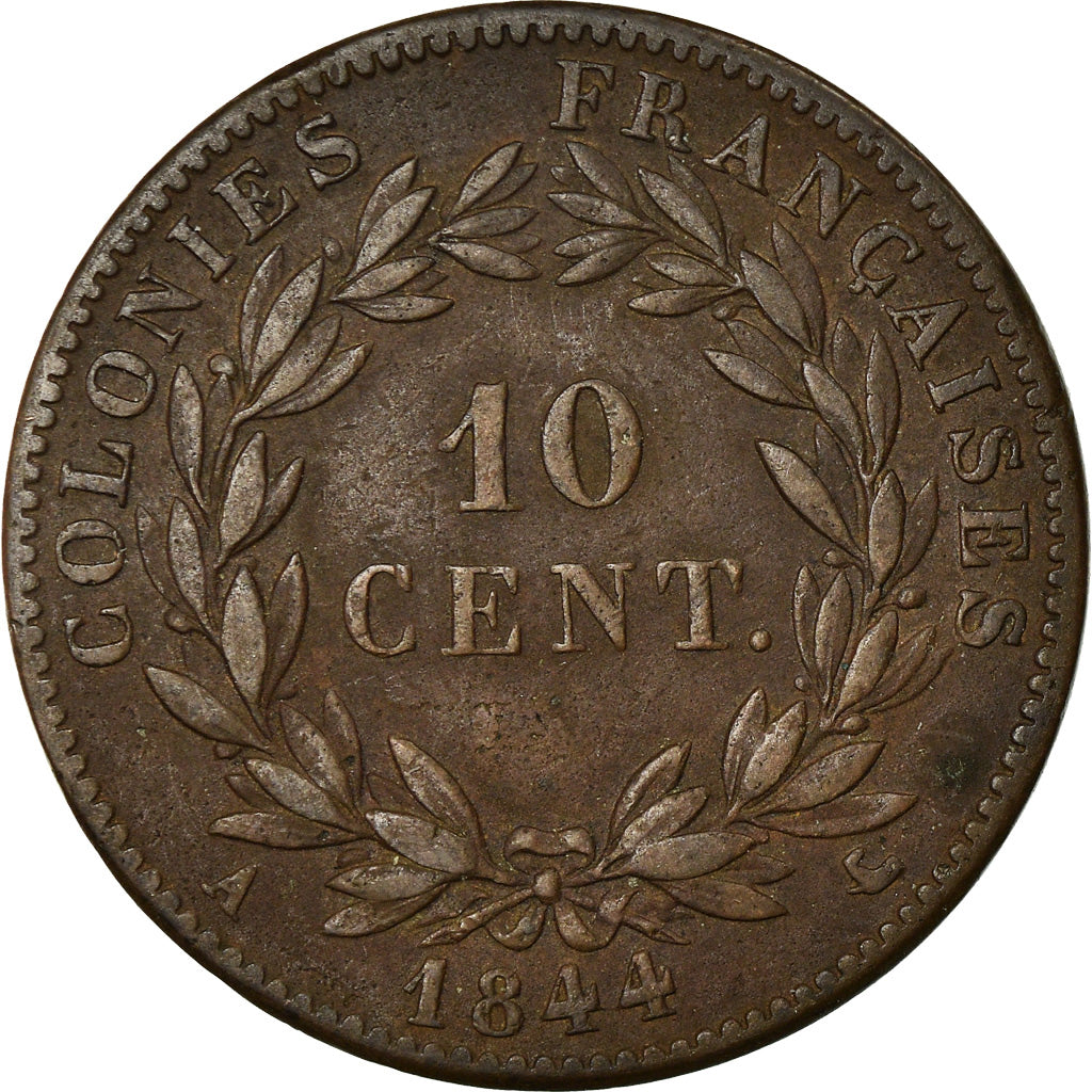 Colonie francesi, Louis - Philippe, 10 Centimes, 1844, Paris, BB, Bronzo, KM:13