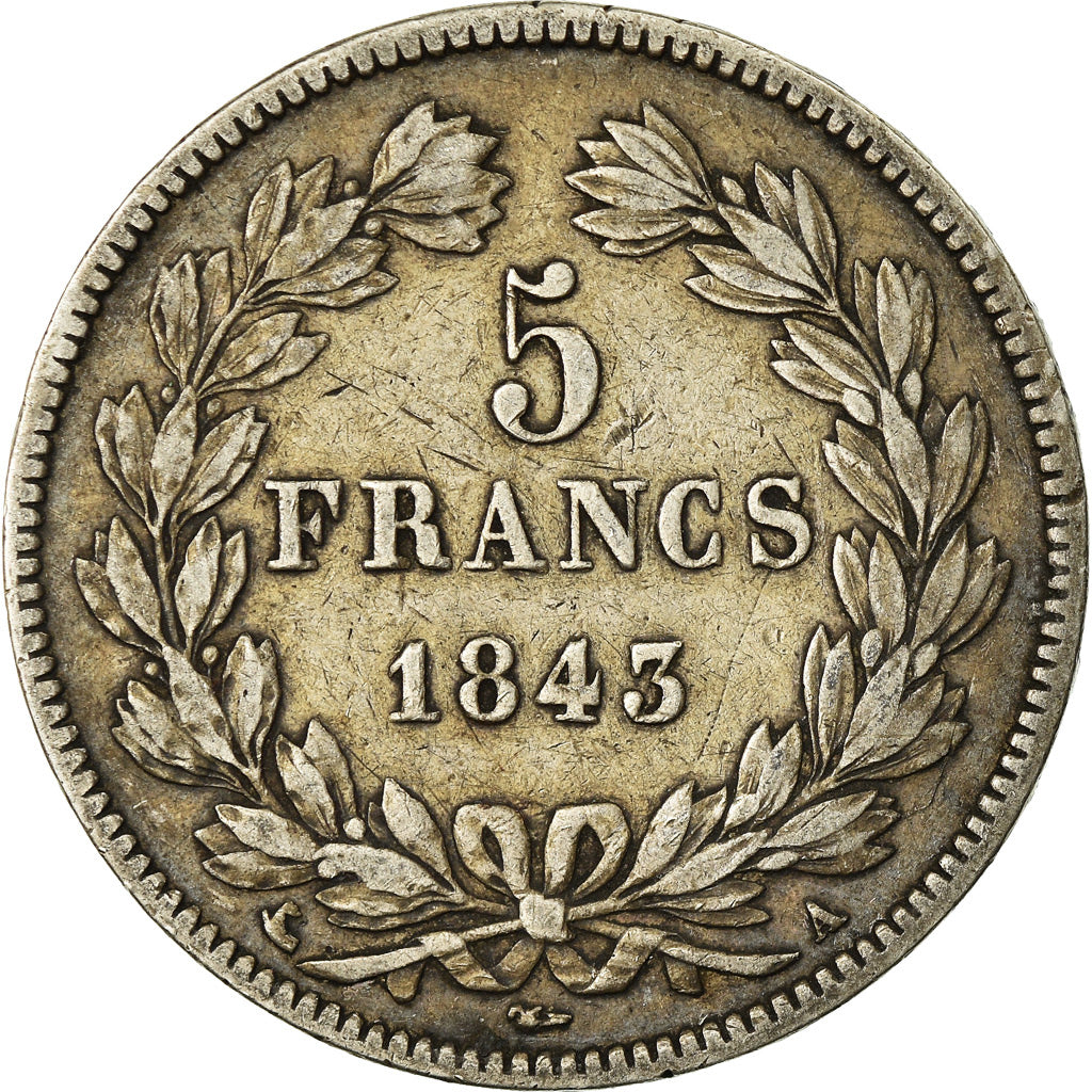 Moneta, Francia, Louis-Philippe, 5 Francs, 1843, Paris, MB+, Argento, KM:749.1
