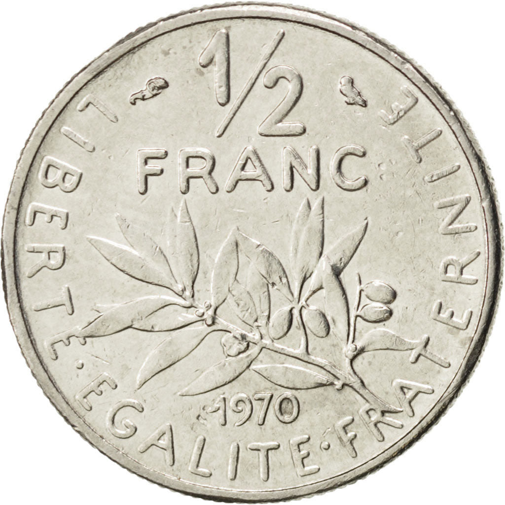 FRANCE, Semeuse, 1/2 Franc, 1970, Paris, KM #931.1, AU(55-58), Nickel, 19.5,...