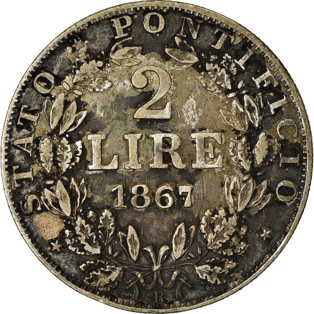 Coin, ITALIAN STATES, PAPAL STATES, Pius IX, 2 Lire, 1867, VF(30-35), Silver