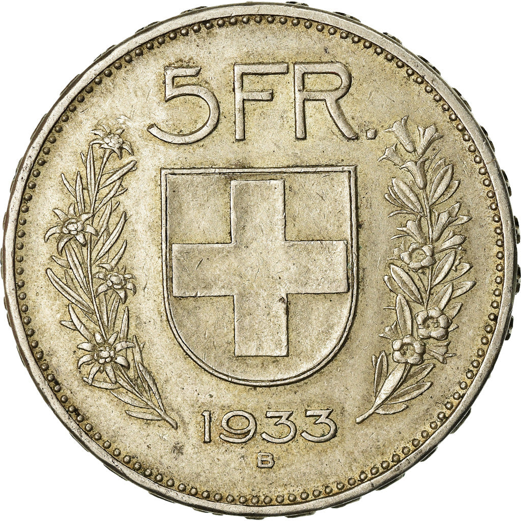 Coin, Switzerland, 5 Francs, 1933, Bern, AU(50-53), Silver, KM:40