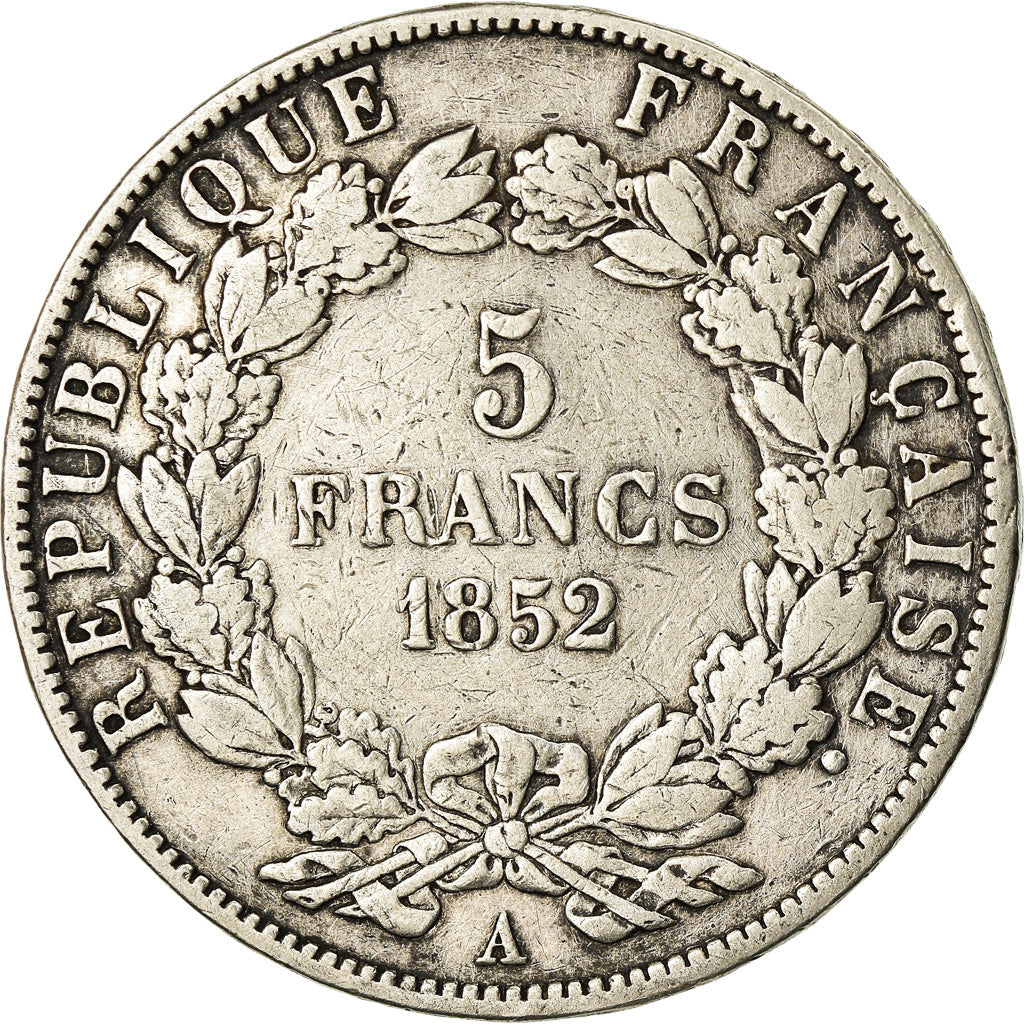 Moneda, Francia, Napoléon III, 5 Francs, 1852, Paris, BC+, Plata, KM:773.1