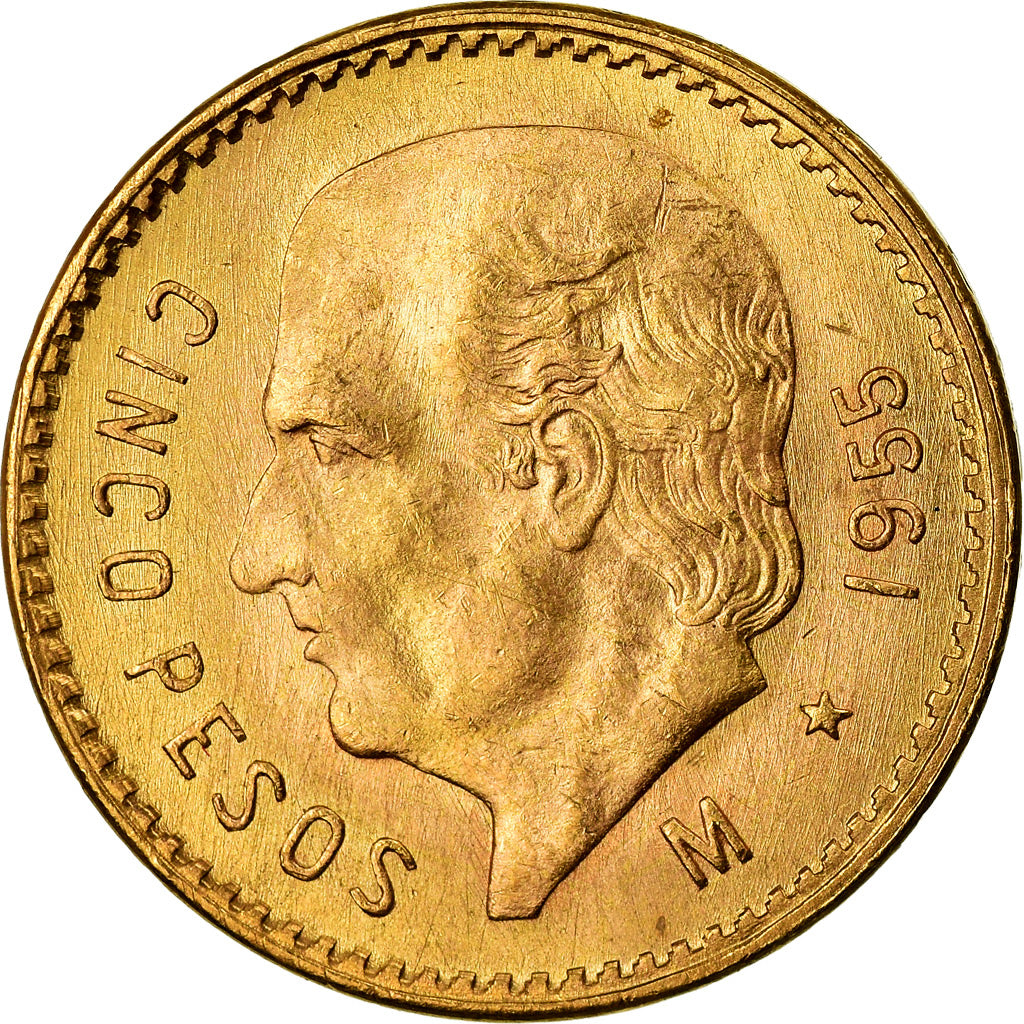 Coin, Mexico, 5 Pesos, 1955, Mexico City, MS(60-62), Gold, KM:464