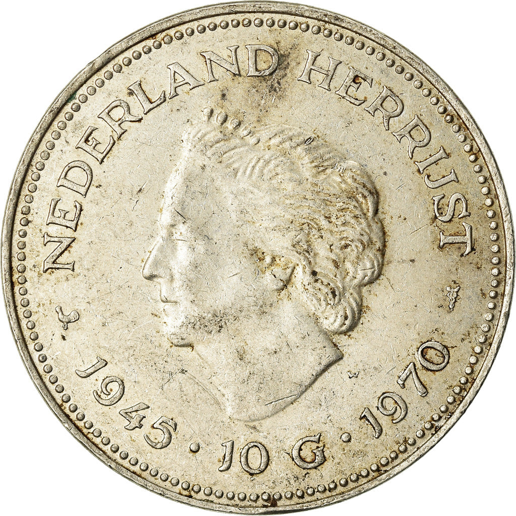 Coin, Netherlands, Juliana, 10 Gulden, 1970, EF(40-45), Silver, KM:195