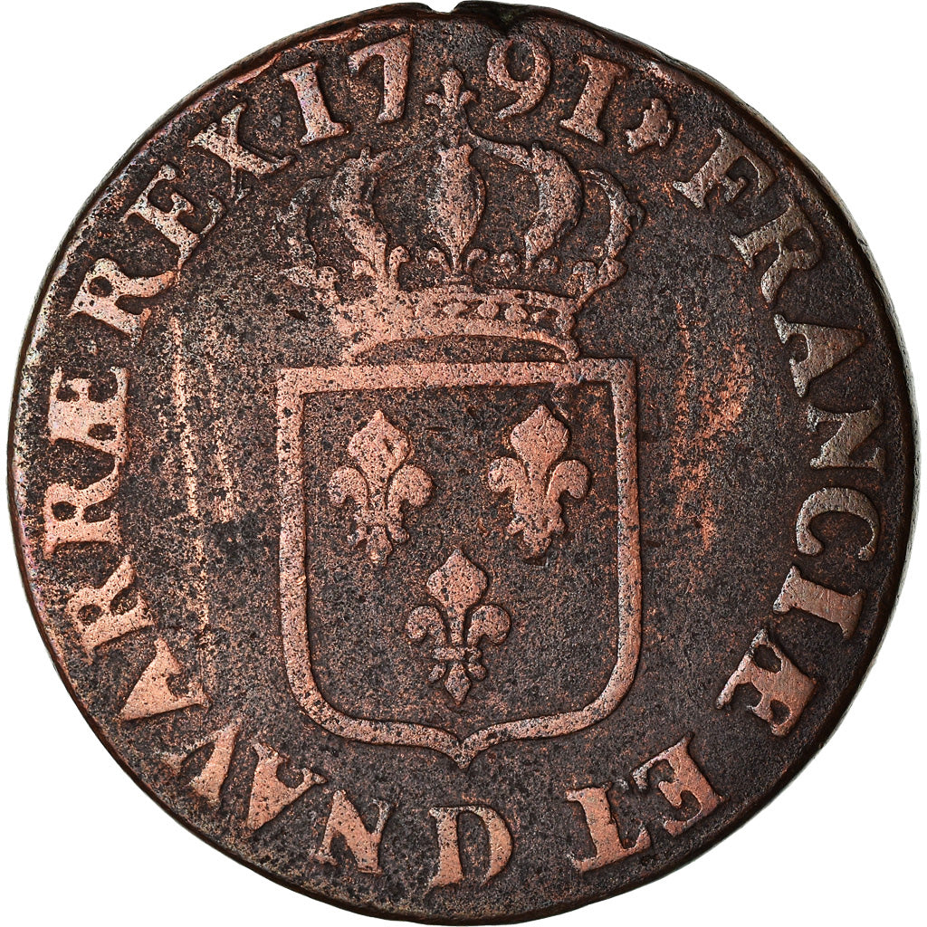 Coin, France, Louis XVI, Sol, 1791, Lyon, VF(20-25), Copper, KM:602.2