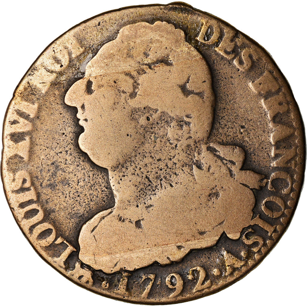 FRANCE, 2 sols françois, 2 Sols, 1792, Paris, KM #603.1, F(12-15), Bronze, G...