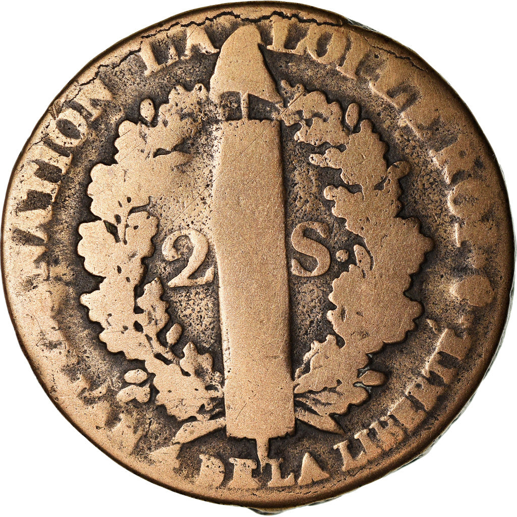 FRANCE, 2 sols françois, 2 Sols, 1792, Paris, KM #603.1, F(12-15), Bronze, G...