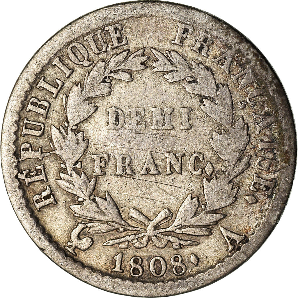Coin, France, Napoléon I, 1/2 Franc, 1808, Paris, VF(30-35), Silver, KM:680.1