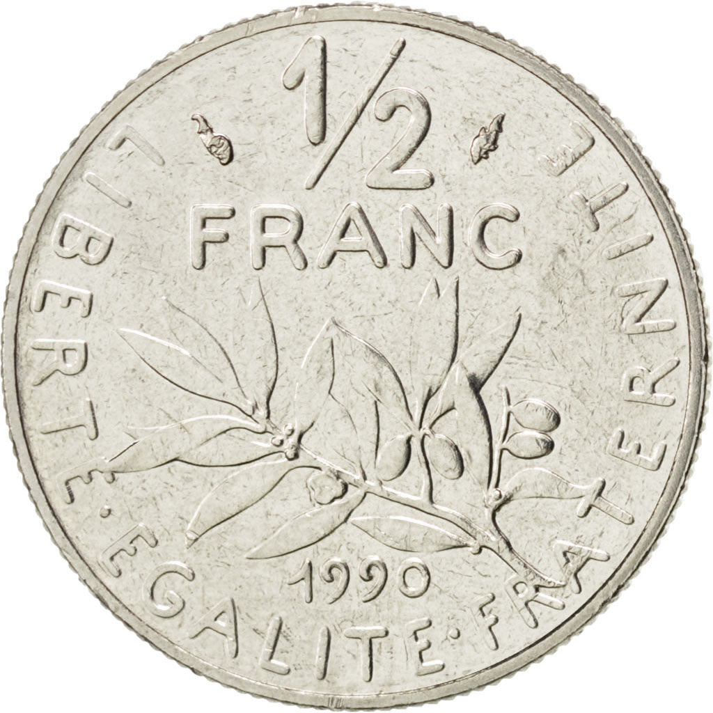FRANCE, Semeuse, 1/2 Franc, 1990, Paris, KM #931.1, AU(55-58), Nickel, 19.5,...