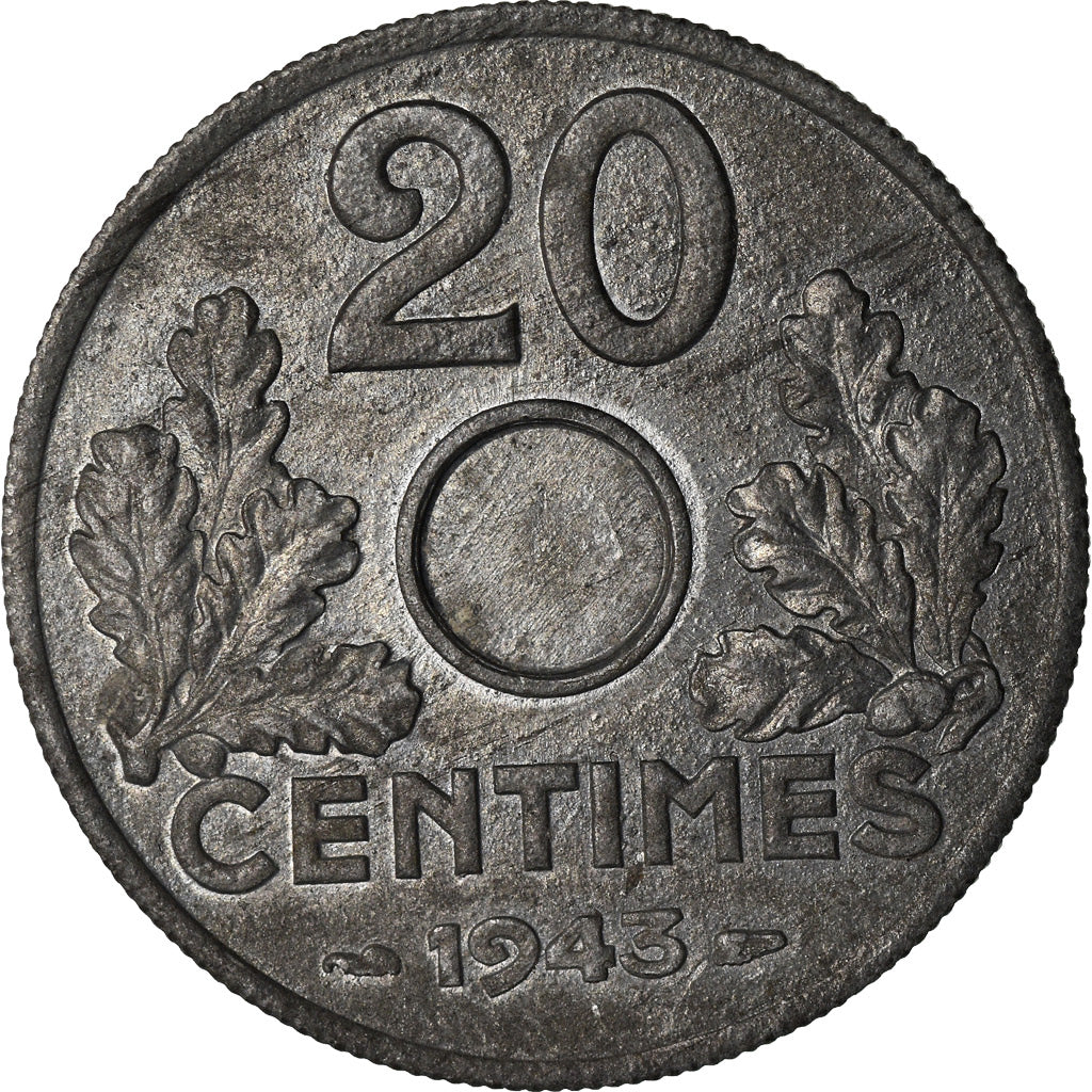 Monnaie, France, 20 Centimes, 1943, Pessac, error without hole, SUP+, Zinc