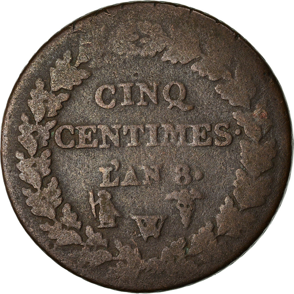 Moneta, Francia, Dupré, 5 Centimes, AN 8, Lille, MB, Bronzo, KM:640.11