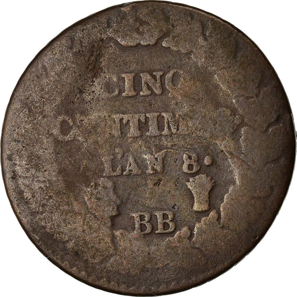 Moeda, França, Dupré, 5 Centimes, AN 8, Strasbourg, F(12-15), Bronze