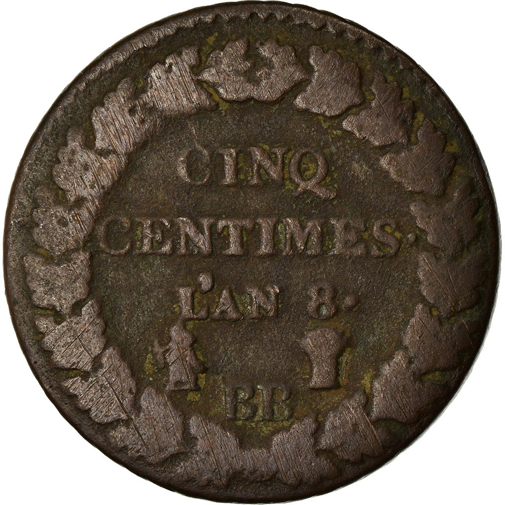 Moneta, Francia, Dupré, 5 Centimes, AN 8, Strasbourg, MB, Bronzo, KM:640.4