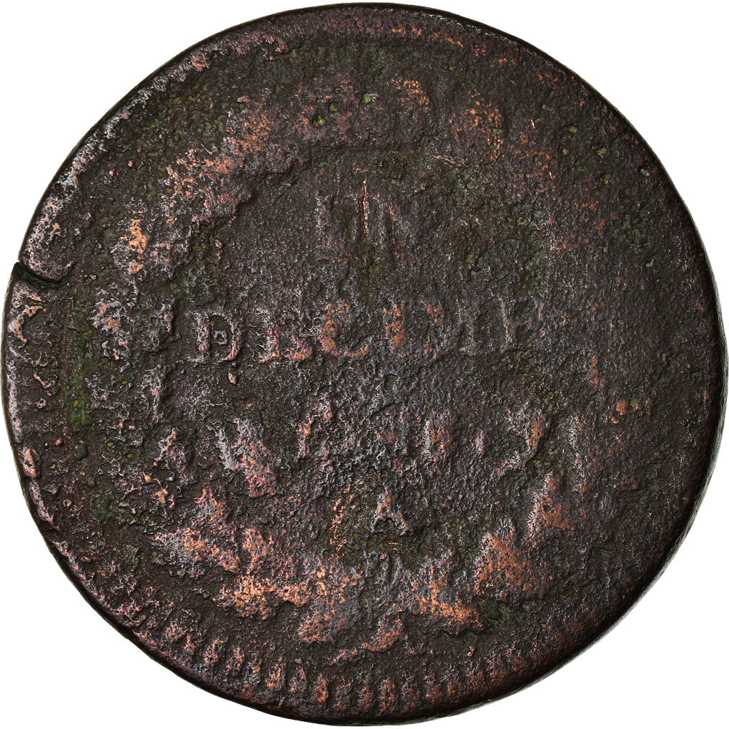 Coin, France, Dupré, Decime, AN 5, Paris, Refrappage du 2 décimes, VG(8-10)