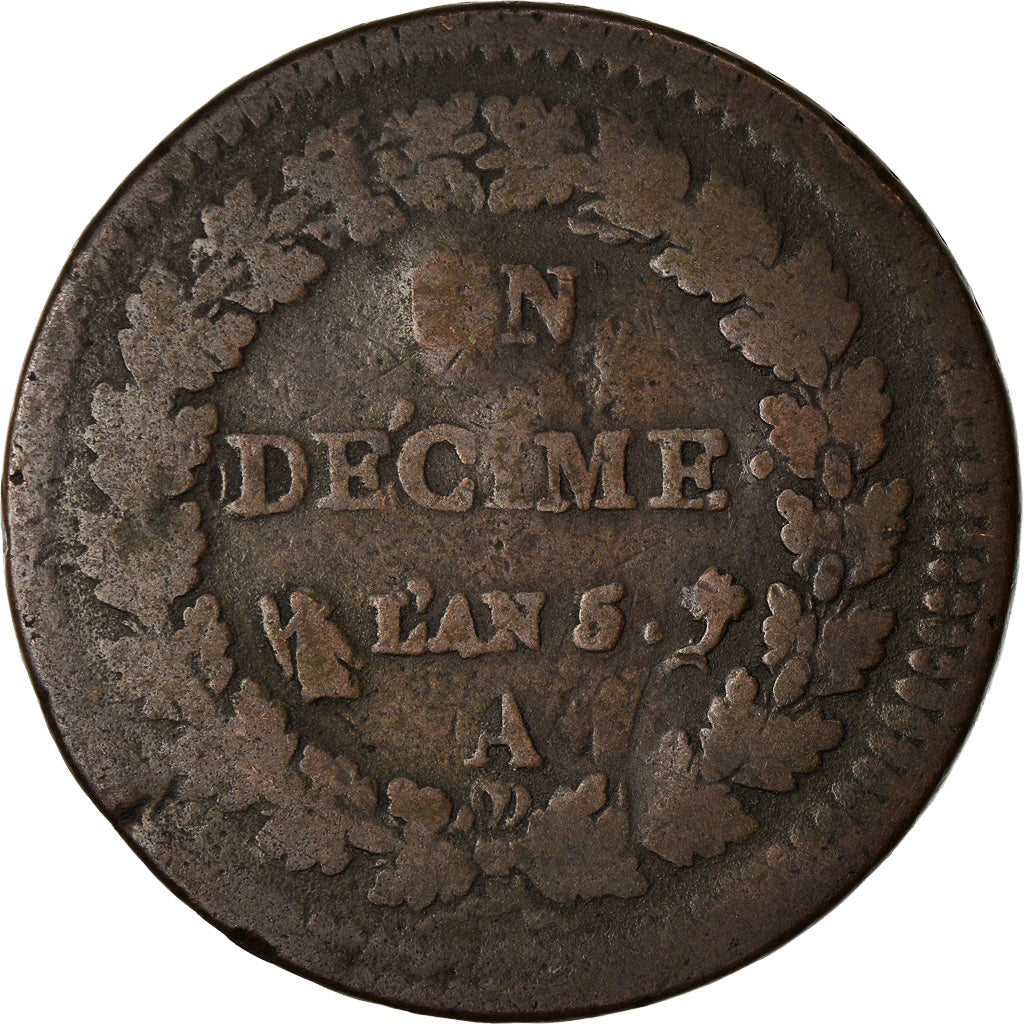Monnaie, France, Dupré, Decime, AN 5, Paris, Refrappage du 2 décimes, B+