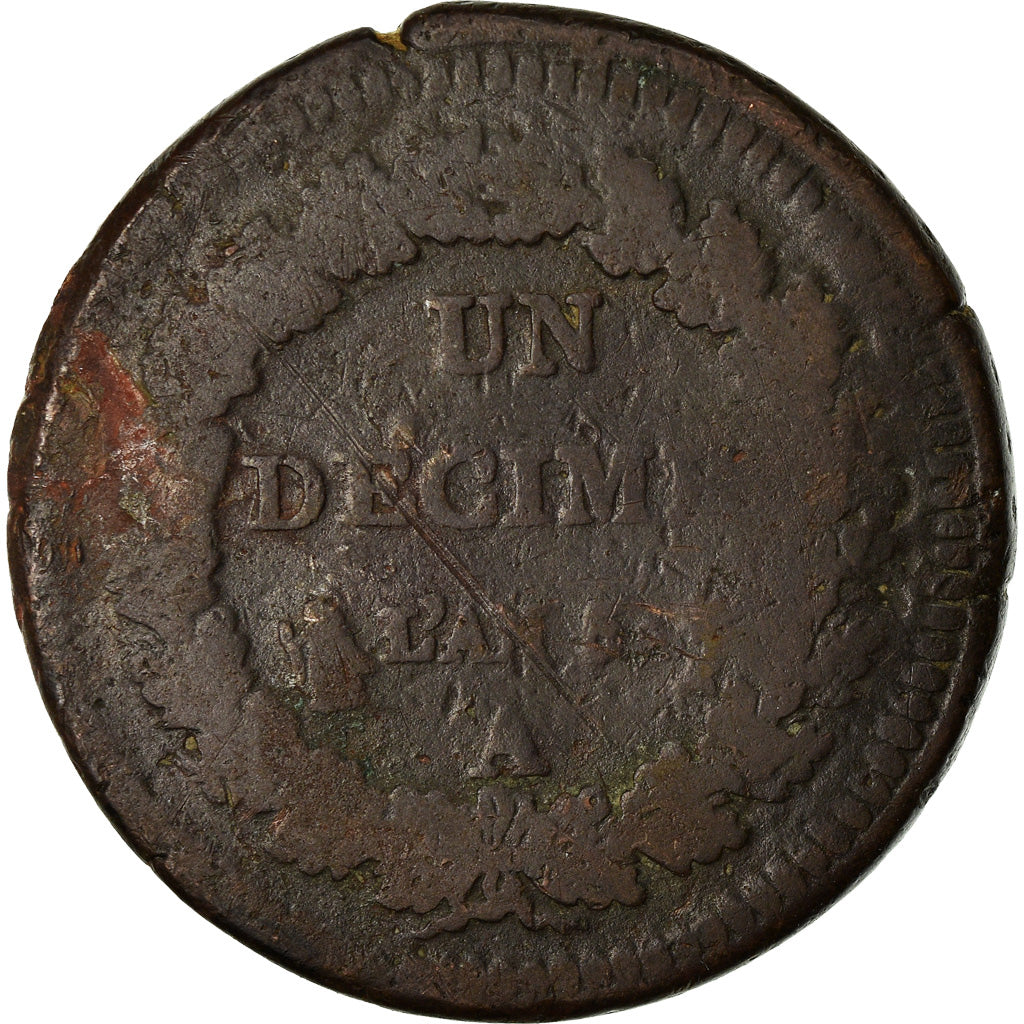 Coin, France, Dupré, Decime, AN 5, Paris, Refrappage du 2 décimes, F(12-15)