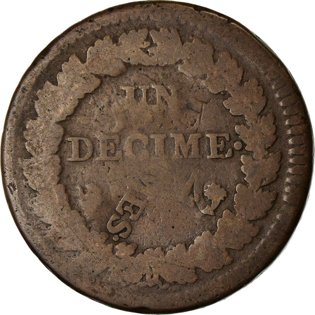 Coin, France, Dupré, Decime, AN 5, Paris, Refrappage du 2 décimes, F(12-15)